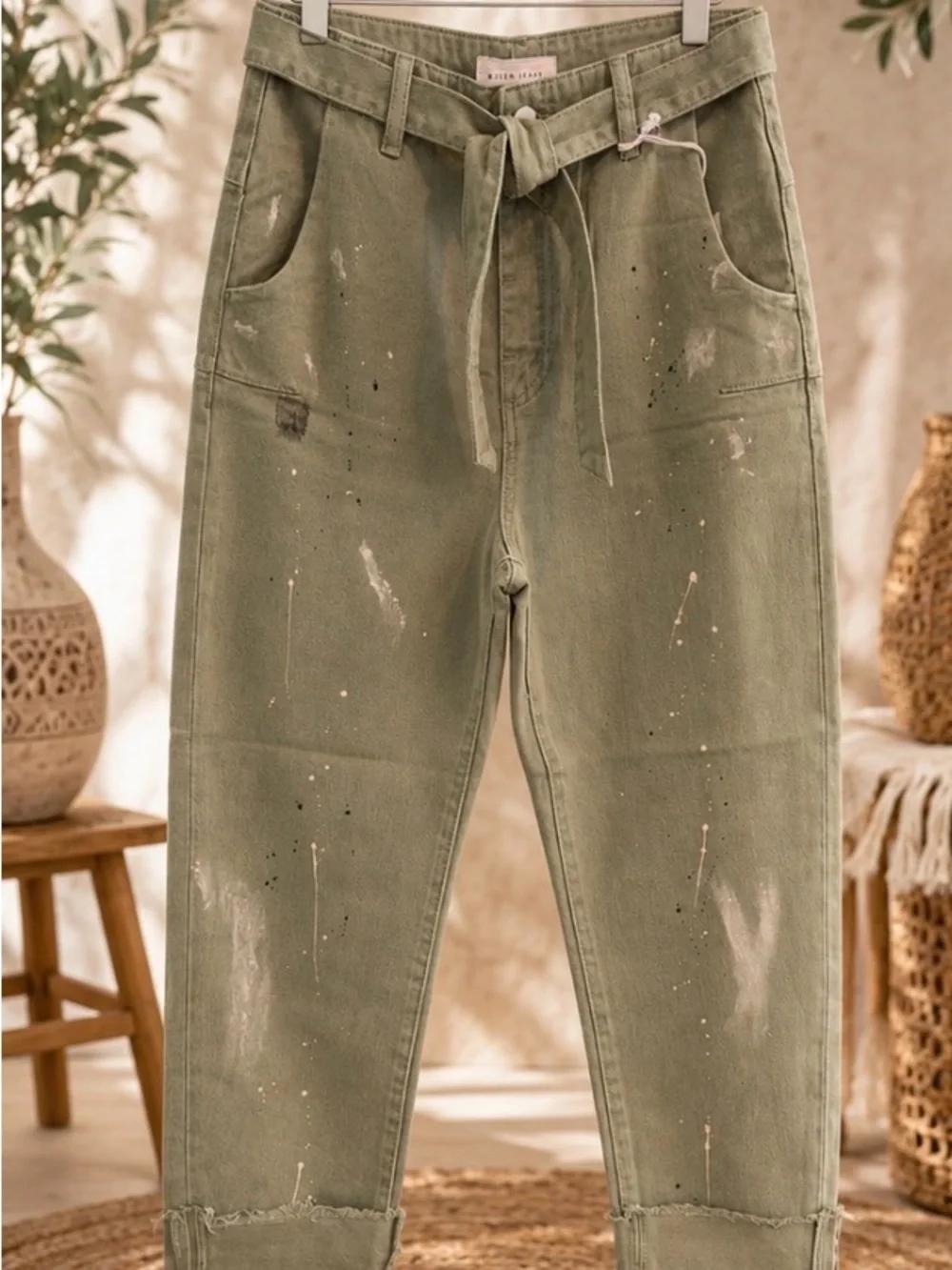 RISEN Jeans Paint-Splatter Olive Green Tie-Waist -NWT